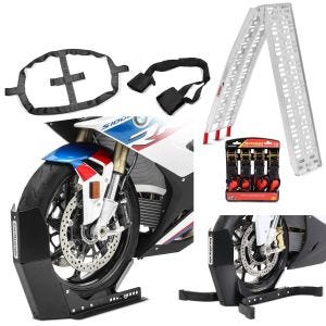 Set: Motorcycle front wheel chock Easy Fix + ratchet straps hooks + tie down straps ConStands black-red + Motorcycle aluminium loading ramp CS1 set wheel chock Easy Plus folding max 340kg