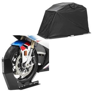 Set: Motorcycle Shelter Garage Tent Cover Universal Folding Shed Motoguard XL black + Wheel Chock ConStands Easy-Fix Front Stand up to 21 Inch black