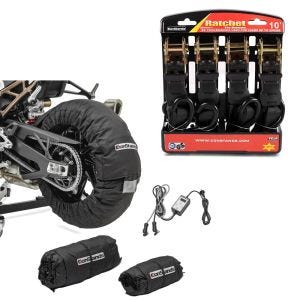 Set: Motorbike Tyre Warmers Snaefell 30-99°C digital for wheel blk ConStands with Motorbike Straps 4x load loops blk