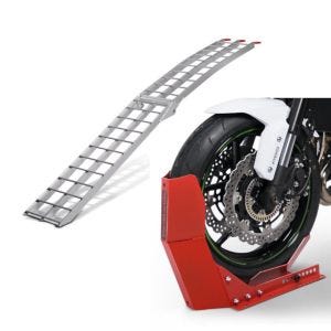 Set: Aluminium Loading Ramp Alu II up 340 kg foldable for ATV + Wheel Chock Easy-Fix Front Stand up to 21 Inch red