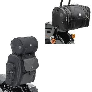 Szett: Sissybar bag SXL faroktáska csomagtekerccsel fekete színben + faroktáska RB1 csomagtekercs 24-30Ltr Chopper Cruiserhez