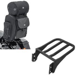 Set: Sissybar Tasche SXL Hecktasche mit Gepäckrolle in schwarz + Gepäckträger für Harley-Davidson Sportster, Dyna, Softail schwarz_1