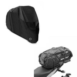 Set: Mochila moto HX5 Bolsa trasera con porta-casco impermeable 45Ltr + Funda para Moto XL Cubremoto Cubierta en 