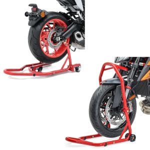 Set: Caballete de tija moto Classic para rueda delantera rojo + Transporte con montaje en V máx 300 kg Mover II