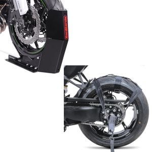 Set: Wheel Chock Easy-Fix Front Stand up to 21 Inch -mate + rear wheel tie down straps for transport 