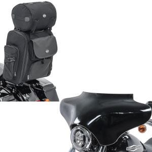 Set: Batwing Verkleidung für Harley Davidson + Sissybar Tasche SXL Hecktasche mit Gepäckrolle in schwarz_1