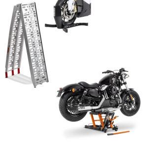 Set: Auffahrrampe Alu CS1 + Motorradwippe Easy Plus klappbar max. 340kg + Hebebühne Mid-Lift L Motorradheber für Harley und Chopper bis 680kg_1