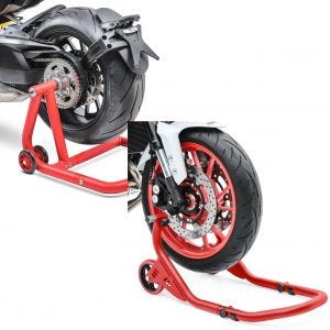 Sada: jednoramenný stojan Ducati Panigale V2 20-22 montážní stojan Single-One červený + montážní stojan přední kolo FR pro Ducati Panigale R / V2