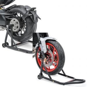 Sæt: Single-arm stativ Ducati Diavel / S 11-20 Single-Classic monteringsstativ + forhjul monteringsstativ med gummibelagte monteringer Front motorcykel jack