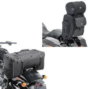 Set: Sissybar Tasche SXL Hecktasche mit Gepäckrolle in schwarz + Hecktasche SQ1 Soziustasche für Chopper und Cruiser_1