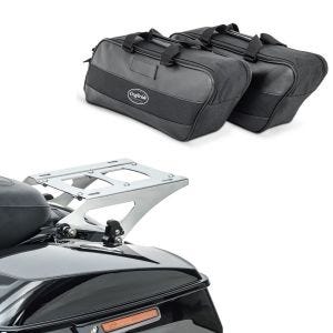Set: Support de Montage pour bagages compatible avec Harley Davidson Touring 14-23 chrome Craftride + Sacoche latérale intérieure compatible avec Harley Davidson Touring valises 94-22 Craftride