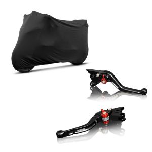 Set: Manetas freno y embrague palanca Yamaha YZF-R6 99-05 V-Trec cortas negro / rojo + Funda para moto Indoor Craftride M-L Stretch Garaje en negro