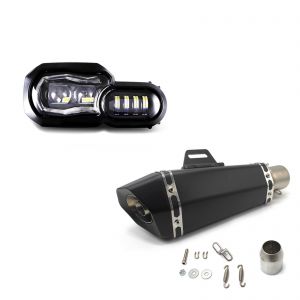Set: LED Scheinwerfer für BMW F 800 R 09-14 Hauptscheinwerfer mit ECE Lumitecs QL2 + Auspuff Paddock für BMW F 800 R Schalldämpfer schwarz_1