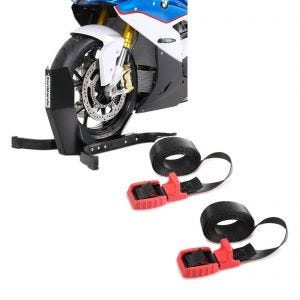 Set: Calzo Rueda ConStands Easy Plus caballete delantera ruedas max. 21" negro + Moto correas de amarre Set ConStands con trinquete y protección goma negro-rojo