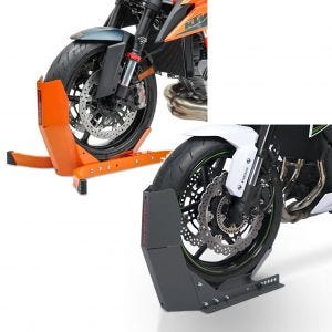 Sæt: ConStands Easy-Plus motorcykelvippe op til 21 tommer orange + ConStands Easy-Fix motorcykelvippe op til 21 tommer grå transportstativ
