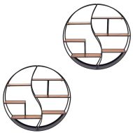 Set 2x rafturi de perete din lemn rotund cu cadru metalic Raft plutitor Divit cu 6 rafturi 80cm diametru RE15 negru