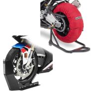 Sada: sada ohřívačů pneumatik Laguna Seca 60-80°C pro přední a zadní kolo + transportní stojan Easy-Fix Motocyklová houpačka do 21 palců černá
