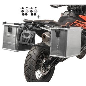 Alumiininen kotelosarja, joka on yhteensopiva KTM 790 Adventure / R Bagtecs Gobi 34-45l kanssa, jossa on kiinnityssarja matkalaukkutelineeseen