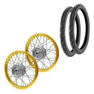 Sada 2x paprskový ráfek kola hliníkový 1,6x16 vhodný pro Simson S51 S50 S70 Schwalbe KR51 hliníkový ráfek Craftride AF17 zlatá + 2x pláště Vee Rubber VRM099 přední zadní