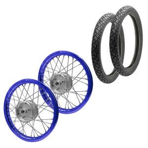Sada 2x paprskový ráfek kola hliníkový 1,6x16 vhodný pro Simson S51 S50 S70 Schwalbe KR51 hliníkový ráfek Craftride AF14 modrý + 2x pláště Vee Rubber VRM094 přední zadní