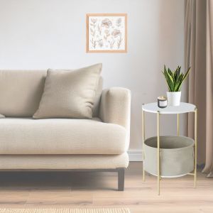 Beistelltisch rund BT12 Couchtisch Nachttisch mit Stoff weiß gold DPL1
