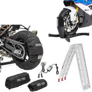 Set: Reifenwärmer Set Snaefell 30-99°C Digital für Vorderrad und Hinterrad + Auffahrrampe Alu CS1 + Motorradwippe Easy Plus klappbar max. 340kg_1