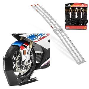 Set: Auffahrrampe Alu CS2 + Motorradwippe Easy Fix klappbar max. 340kg + Spanngurt Set mit Ratsche und Haken inkl 4x Zurrschlaufe in schwarz_1