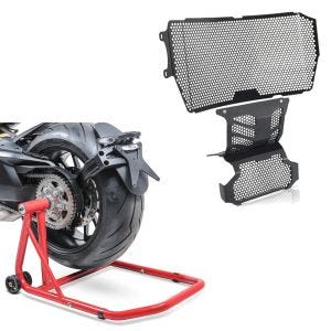 Yksivartisen jalustan asennusteline Single-Classic punainen + jäähdyttimen kansi yhteensopiva Ducati Hypermotard 950 / SP 19-24 kanssa