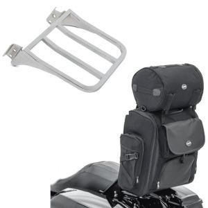 Set: Sissybar Tasche SXL Hecktasche mit Gepäckrolle in schwarz + Gepäckträger für Harley-Davidson Sportster, Dyna, Softail chrom_1