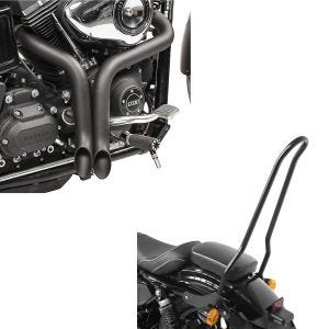 Set: Auspuff Drag Pipe für Harley Davidson schwarz + Sissybar für Harley Davidson Sportster 04-20 Tampa_1