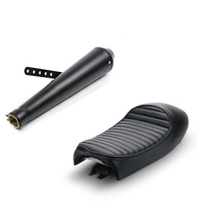 Sæt: Udstødning Cone bageste lyddæmper Caferacer universal sort + sæde til Cafe-Racer konvertering med pukkel sort pukkel