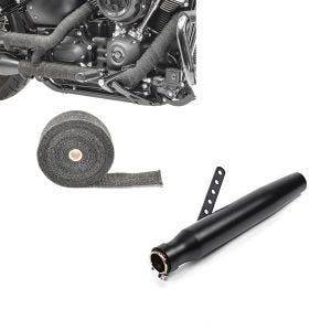Set: Auspuff Tapered für Caferacer und Custombikes + Hitzeschutzband Auspuffband schwarz 10m_1