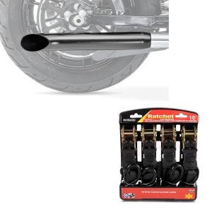 Set: Endschalldämpfer Universal Caferacer Turn Out schwarz + Spanngurt Set Ratsche mit 4x Zurrschlaufe schwarz_1