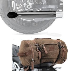 Set: Endschalldämpfer Universal Caferacer Turn Out schwarz + Hecktasche Vintage 35L Canvas Rucksack Gepäckrolle braun_1