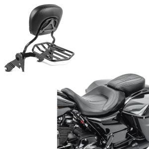 Set: Seat fits for Harley Davidson Touring 09-24 Touring Bench Craftride CV black + Sissy Bar with Rear Rack detachable fits for Harley Davidson Touring models 2009- black Craftride