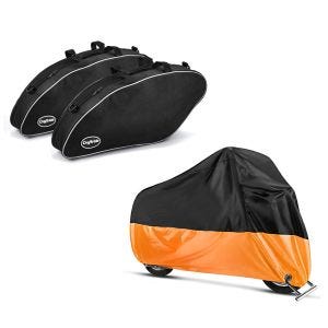 Set: Koffer Innentaschen für Harley Sport Glide 18-21 + Abdeckplane XXL Faltgarage schwarz-orange_1