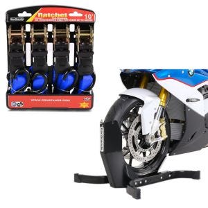 Set: Wippe Easy Plus Vorderradwippe ständer bis 21" schwarz + Spanngurt Set mit Ratsche und Haken inkl 4x Zurrschlaufe in blau_1