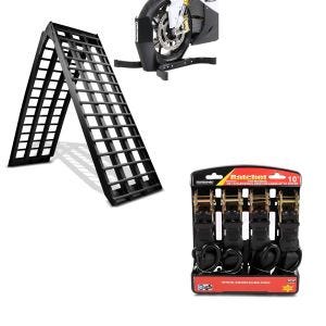 Set: Auffahrrampe Alu BP5 + Motorradwippe Easy Plus klappbar max. 680kg + Spanngurt Set mit Ratsche und Haken inkl 4x Zurrschlaufe in schwarz_1