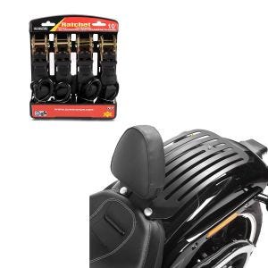 Set: Set Fahrer Rückenlehne Gepäckträger für Harley Breakout / 114 18-20 + Spanngurt Set mit Ratsche und Haken inkl 4x Zurrschlaufe in schwarz_1