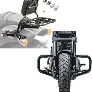 Set: Sissybar für Harley Fat Bob / 114 18-21 R1 mit Gepäckträger + Sturzbügel Mustache II für Harley Softail Fat Bob 114 18-21 schwarz_1