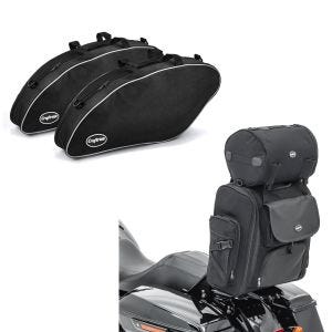 Set: Sissybar Tasche SXL Hecktasche mit Gepäckrolle in schwarz + Koffer Innentaschen für Harley- Sport Glide 18-21 Koffertaschen_1
