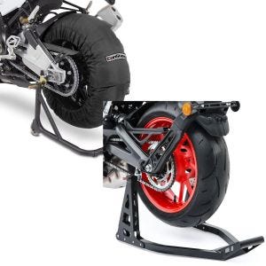 Set: Reifenwärmer Set Billown 60-80-95 °C für Vorderrad Hinterrad 17 Zoll + Montageständer Hinterrad Superlight Racing schwarz_1