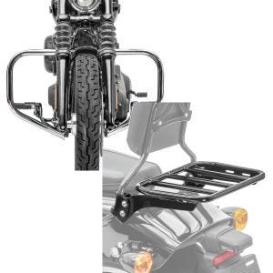 Set: Sturzbügel für Harley Davidson Softail 18-21 Motor-Schutzbügel HB4 chrom Craftride + Gepäckträger für Sissybar für Harley Breakout / Fat Boy / 114 18-21 schwarz Craftride_1