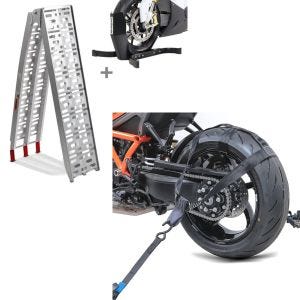 Set: Nájezdová rampa na motorku Alu CS1 + kolébka na motorku Easy Plus skládací max. 340kg + poutací popruh zadního kola se 4x ráčnovými popruhy Sada poutacích popruhů pro přepravu motorky