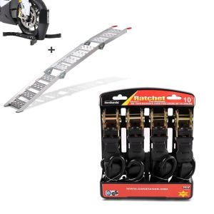 Set: Nájezdová rampa na motorku Alu CS3 + kolébka na motorku Easy Plus skládací max. 270kg + sada poutacích popruhů na motorku ConStands s ráčnou a hákem včetně 4x poutacích poutek v černé barvě