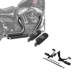 Craftride udstødningslydpotte Short Shot Motorcykel baglyddæmper kompatibel med Harley Davidson Sportster 04-13 i sort + Sæt: kompatibel med betjeningsknapper kompatibel med Harley Davidson Sportster 04-13 in + fodpinde Driver-Passager BQ kompatibel med H