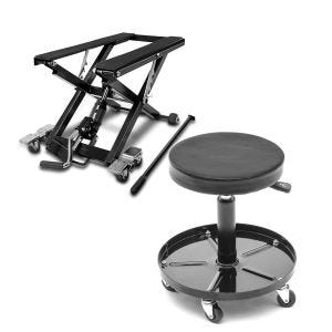 Set: hydraulický zvedák Custombike Freewheeler ConStands Mid-Lift XL černá + dílenská stolička s kolečky ConStands WS2 dílenská židle výškově stavitelná černá