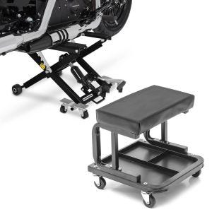 Sæt: ConStands Mid-Lift XL motorcykellift op til 500 kg i sort + værkstedsskammel med hjul ConStands WS3 værkstedsstol sort