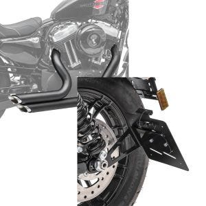 Sæt: Craftride udstødningslydpotte Short Shot Motorcykel baglyddæmper kompatibel med Harley Davidson Sportster 04-13 i sort + sidemonteret nummerpladeholder M kompatibel med Harley Davidson Sportster 04-20 sort Craftride