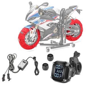 Sada: Sada ohřívačů motocyklových pneumatik Snaefell ConStands 30-99°C digitální pro přední a zadní kolo červená + systém kontroly tlaku v pneumatikách RDKS s teploměrem Digitální tlakoměr v pneumatikách Tourtecs